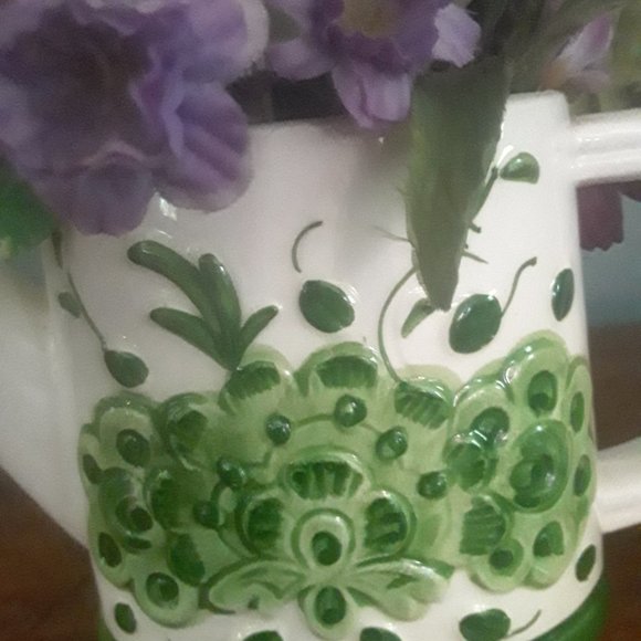 Vintage Ceramic Watering Can Planter with Raised Floral Motif and Silk Flowers - Picture 5 of 6